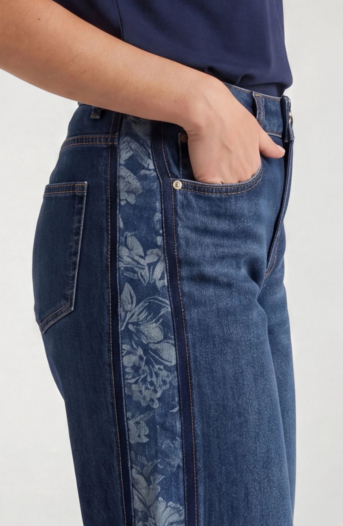 Stride Wide Leg Jean with Jacquard Blocking - Indigo Gardens