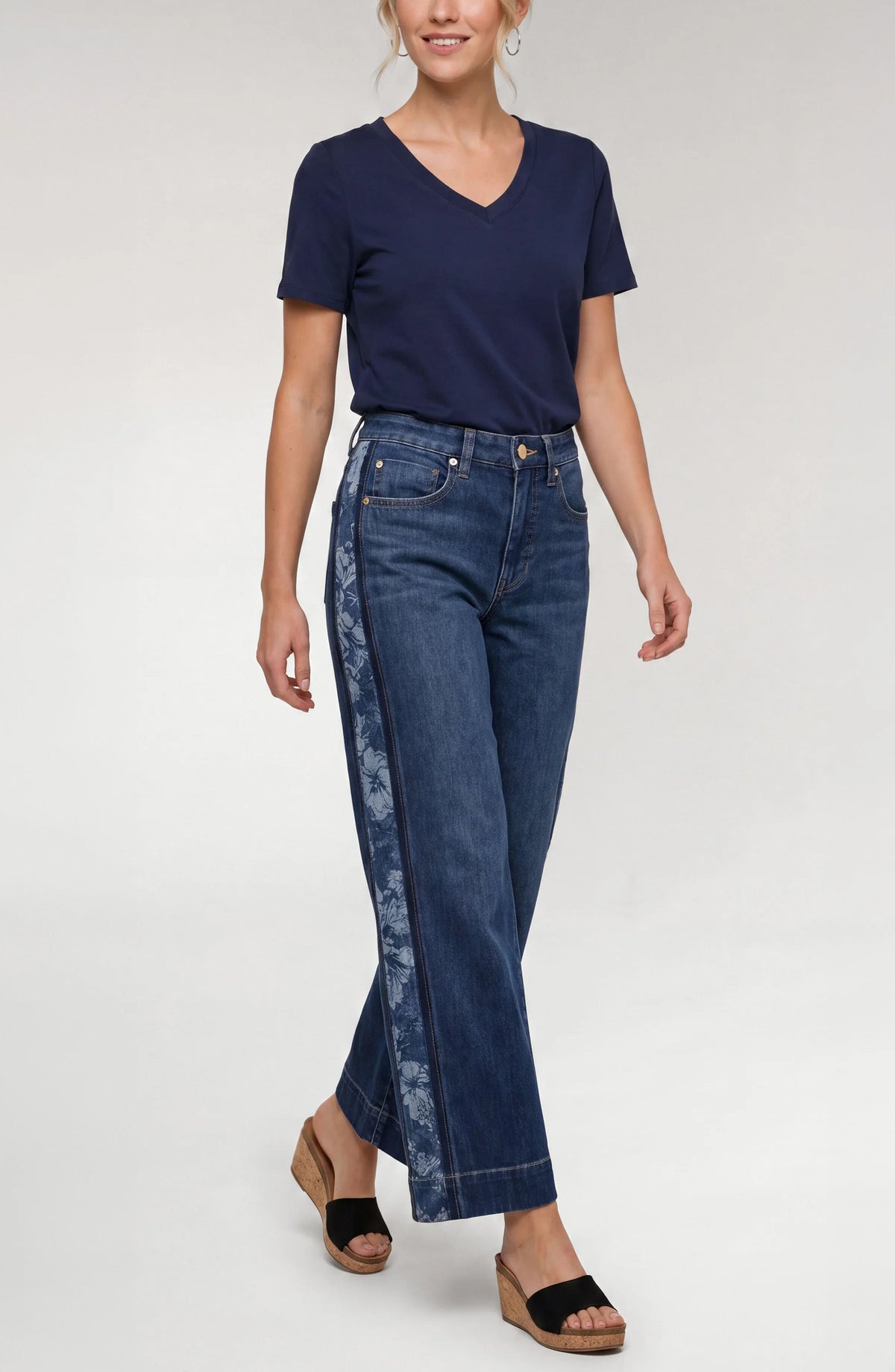 Stride Wide Leg Jean with Jacquard Blocking - Indigo Gardens