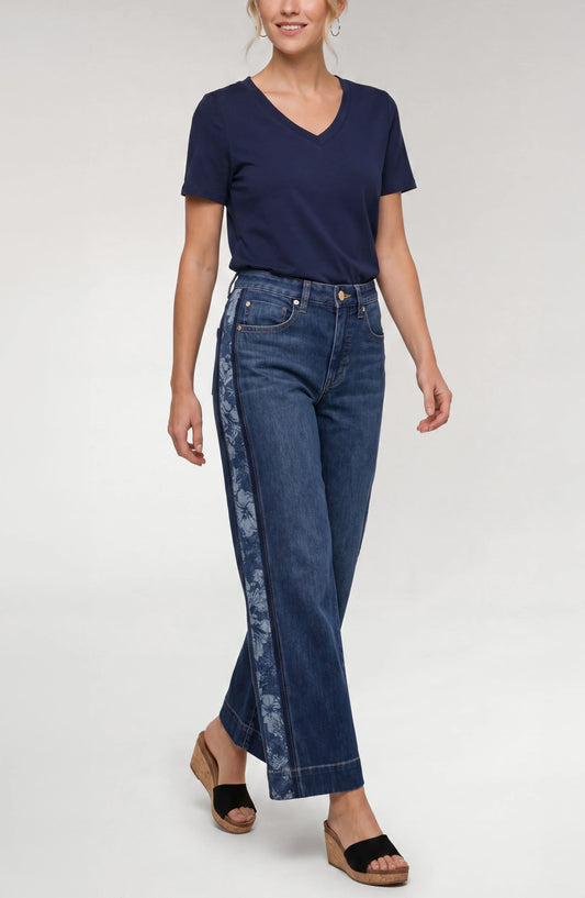 Stride Wide Leg Jean with Jacquard Blocking - Indigo Gardens