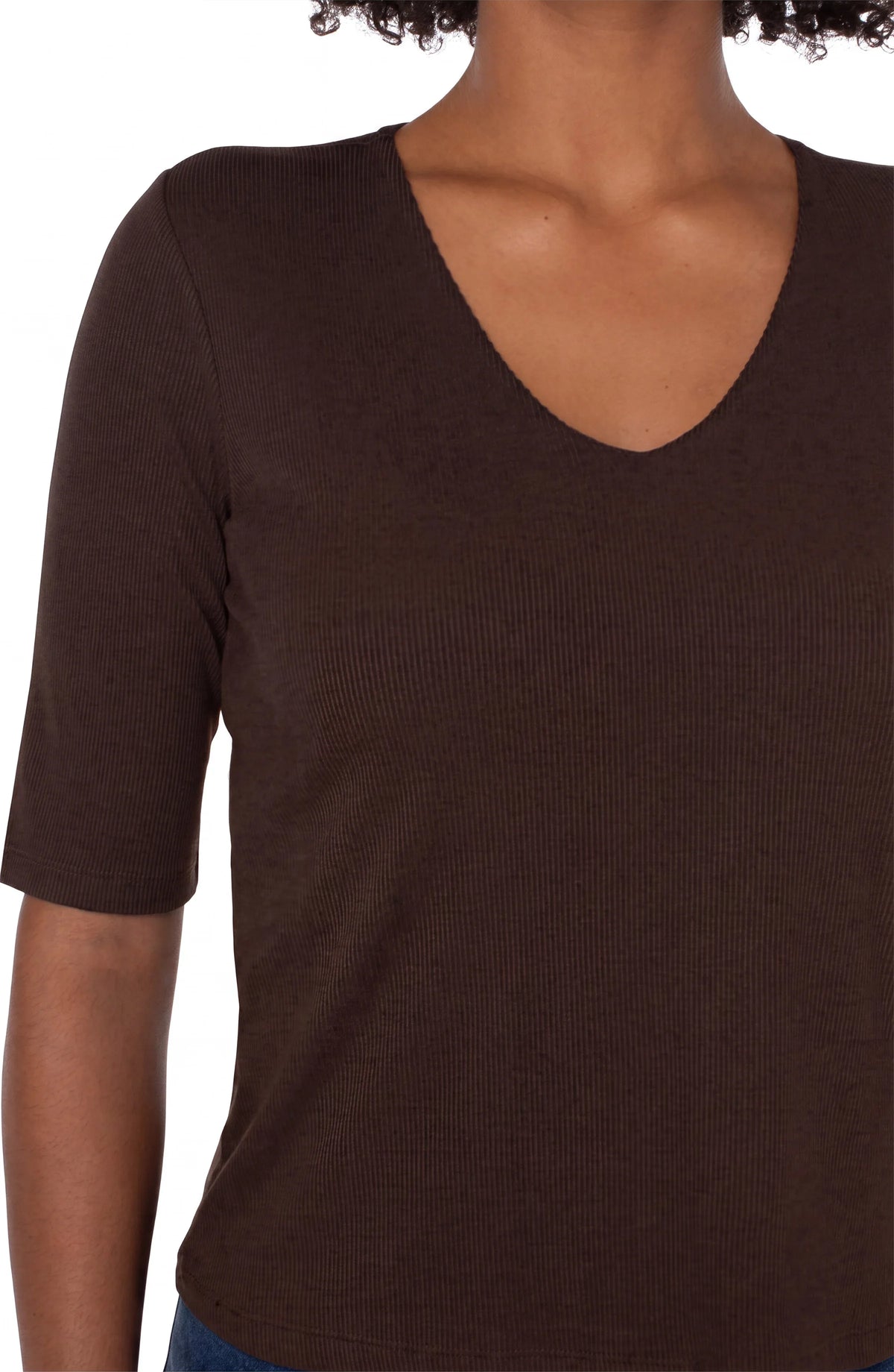 Double Layer V-Neck Rib Knit Top - Dark Espresso