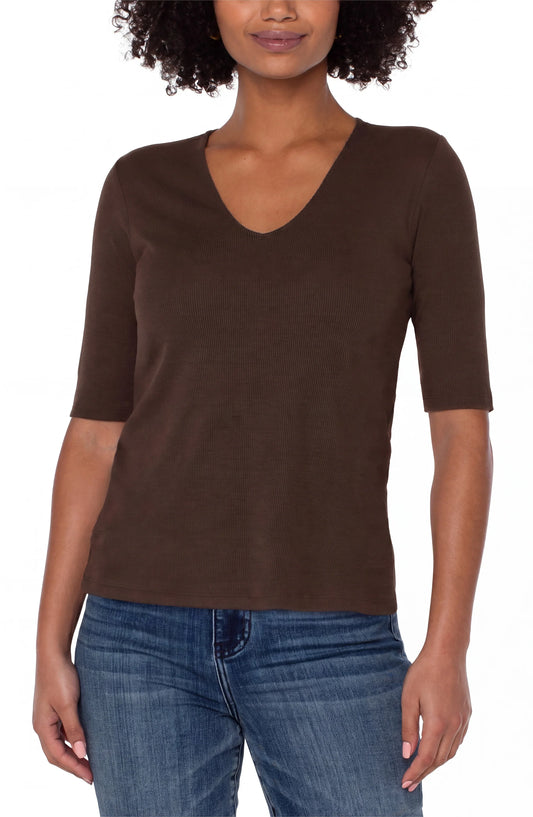 Double Layer V-Neck Rib Knit Top - Dark Espresso
