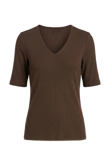 Double Layer V-Neck Rib Knit Top - Dark Espresso