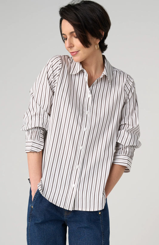 Adjustable Sleeve Button Front Top - Cream/Dark Espresso