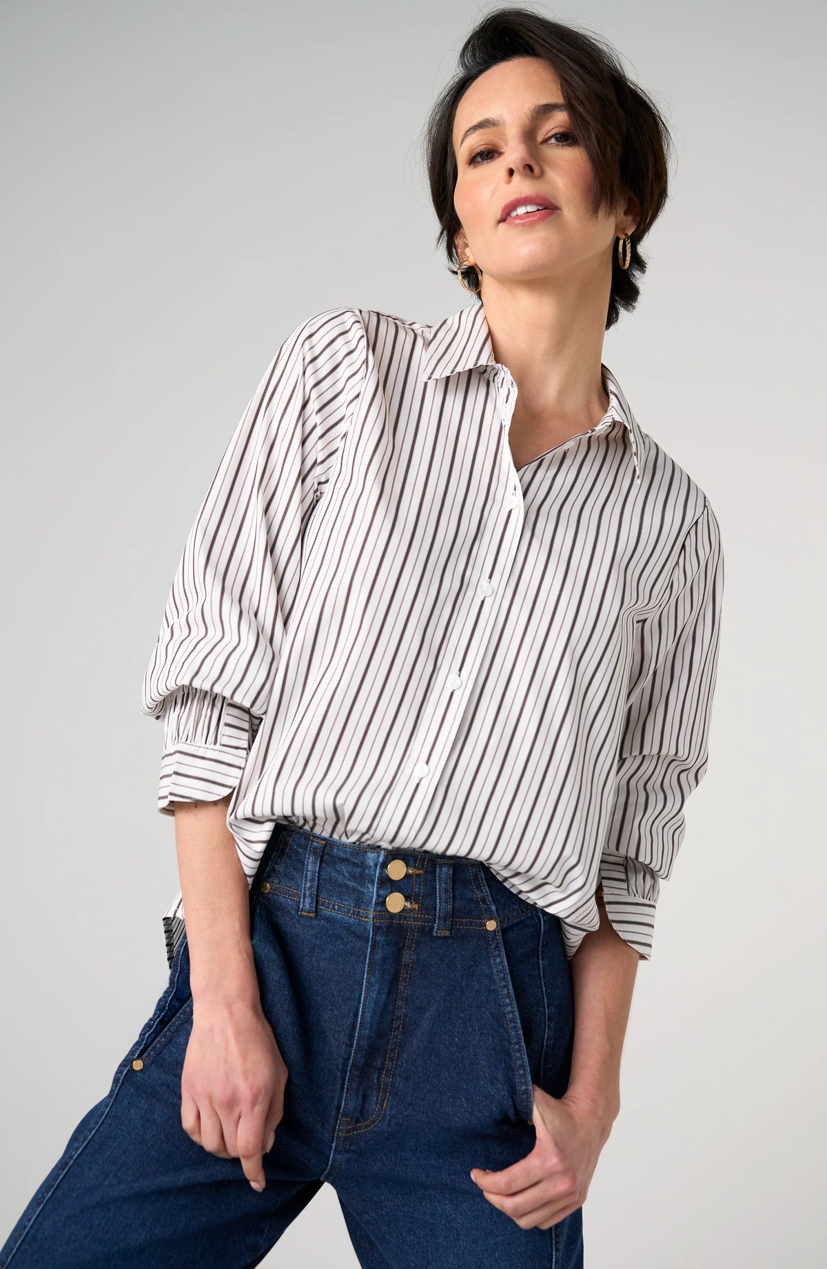Adjustable Sleeve Button Front Top - Cream/Dark Espresso