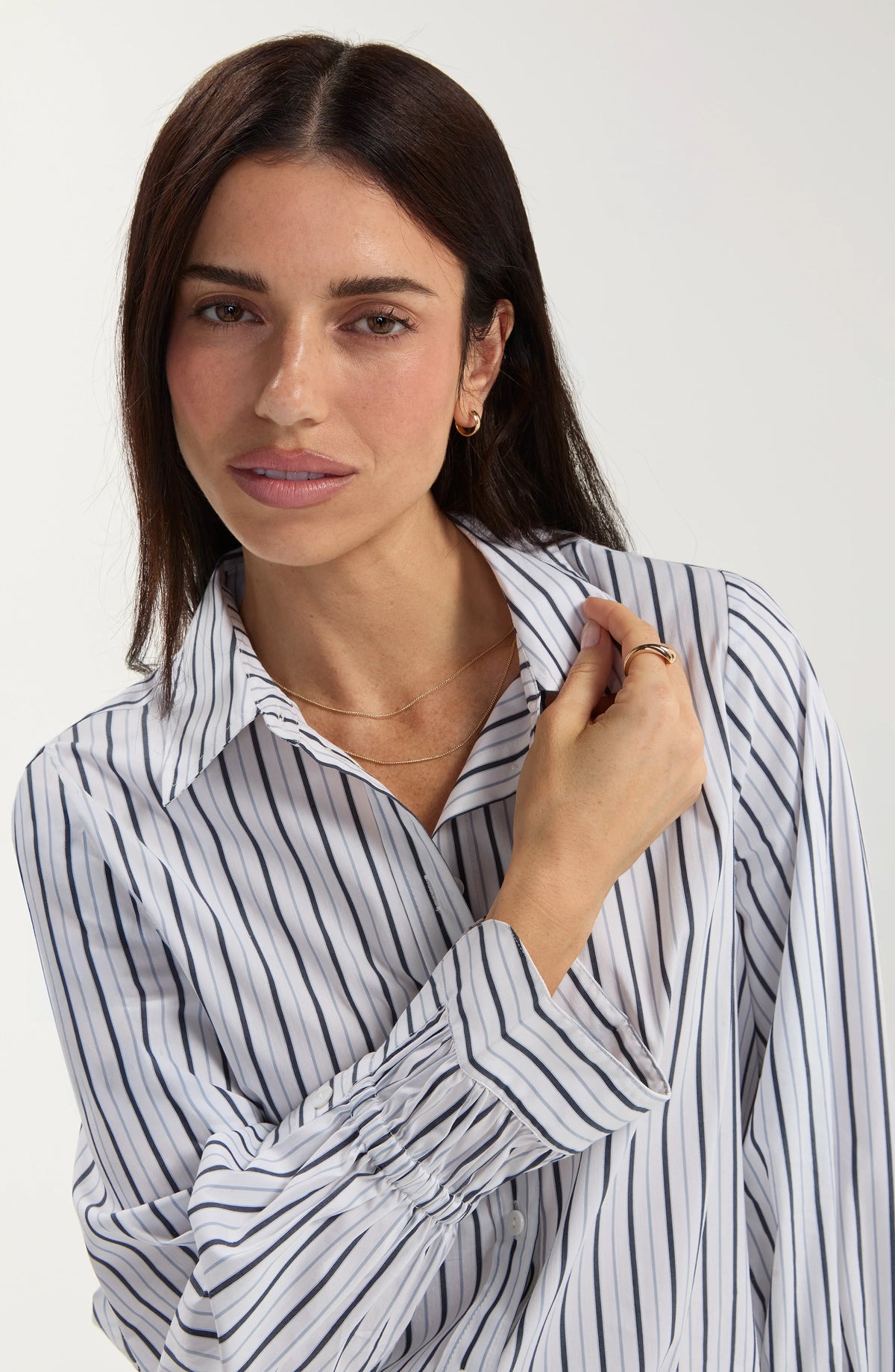 Adjustable Sleeve Button Front Top - White/Club Navy Stripe