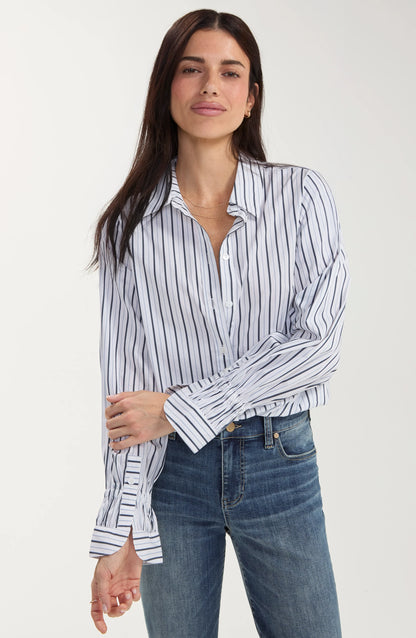 Adjustable Sleeve Button Front Top - White/Club Navy Stripe