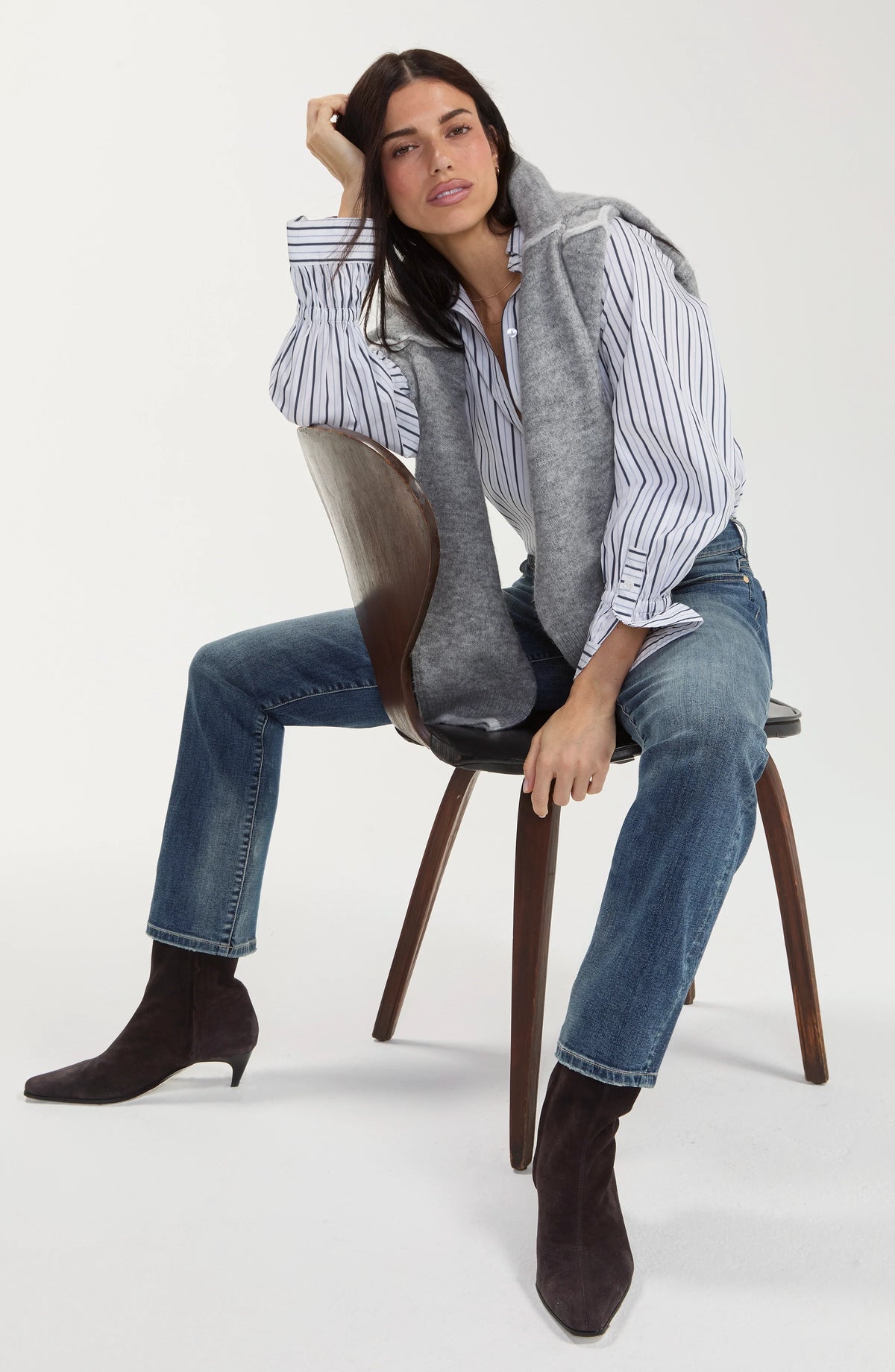 Adjustable Sleeve Button Front Top - White/Club Navy Stripe