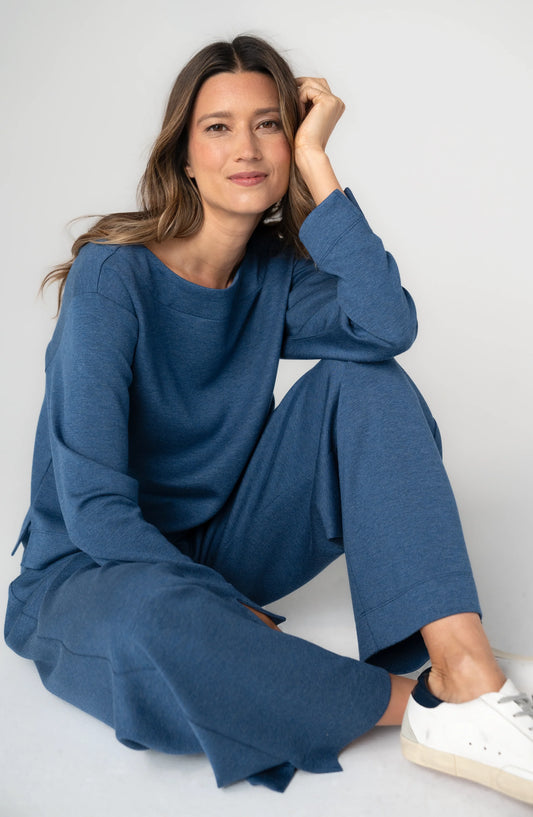 Long Sleeve Boat Neck Top - Heathered Navy