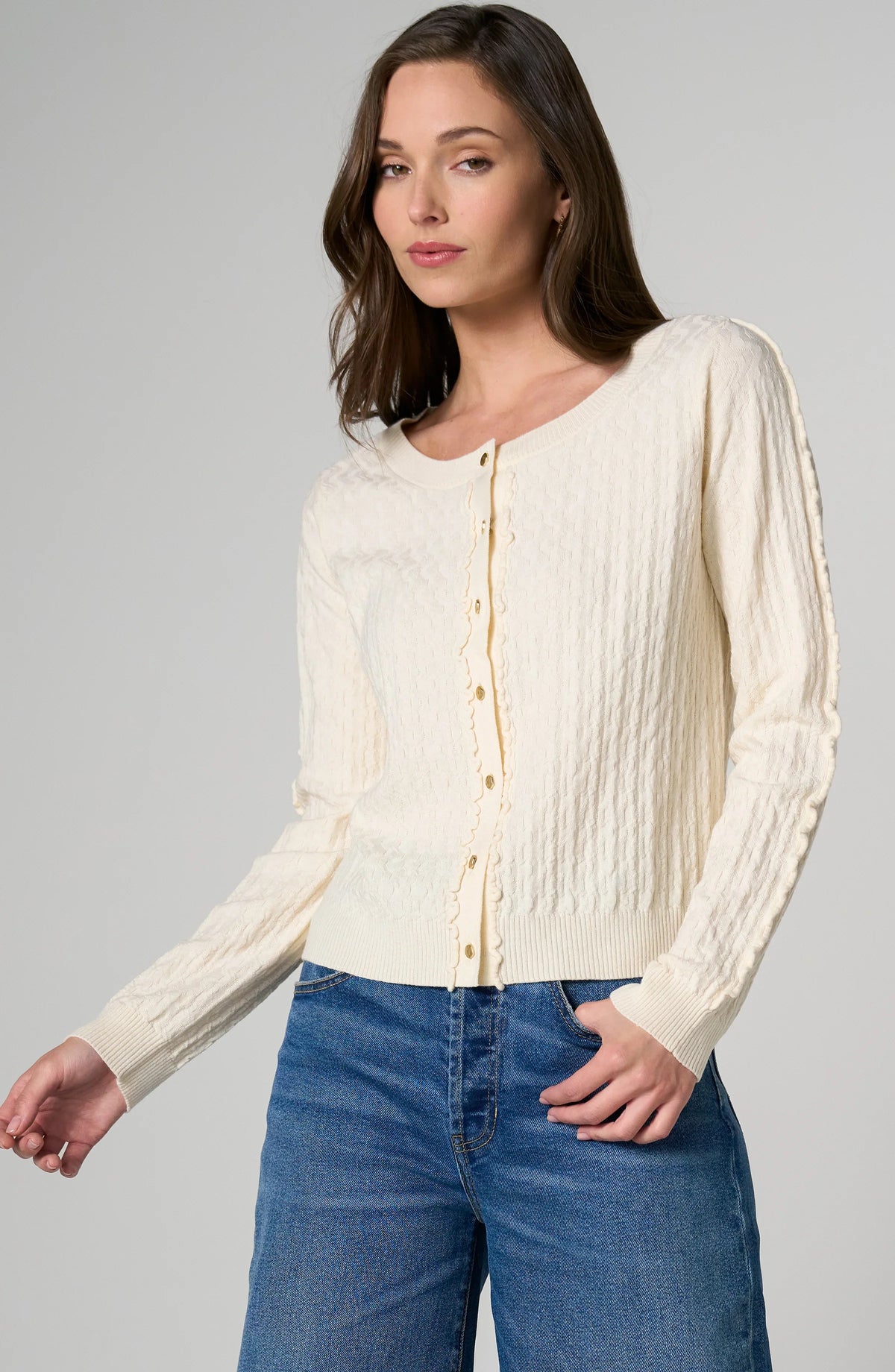 Button Front Cardigan with Ruffles - Cream