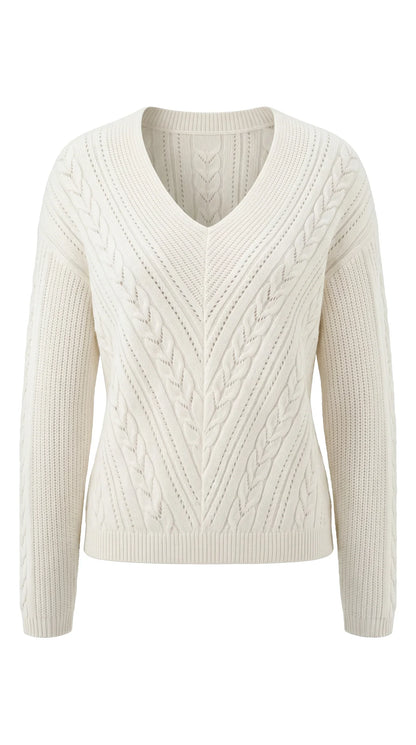 Long Sleeve V-Neck Drop Shoulder Sweater - Cream