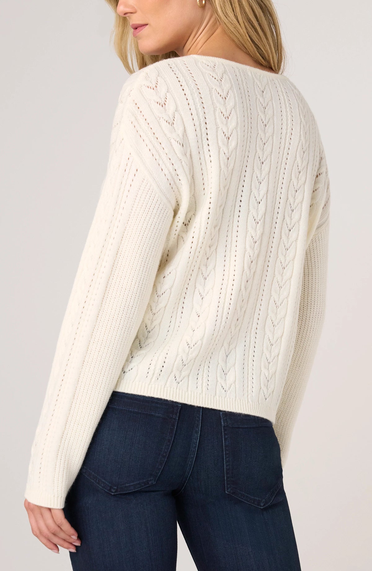 Long Sleeve V-Neck Drop Shoulder Sweater - Cream