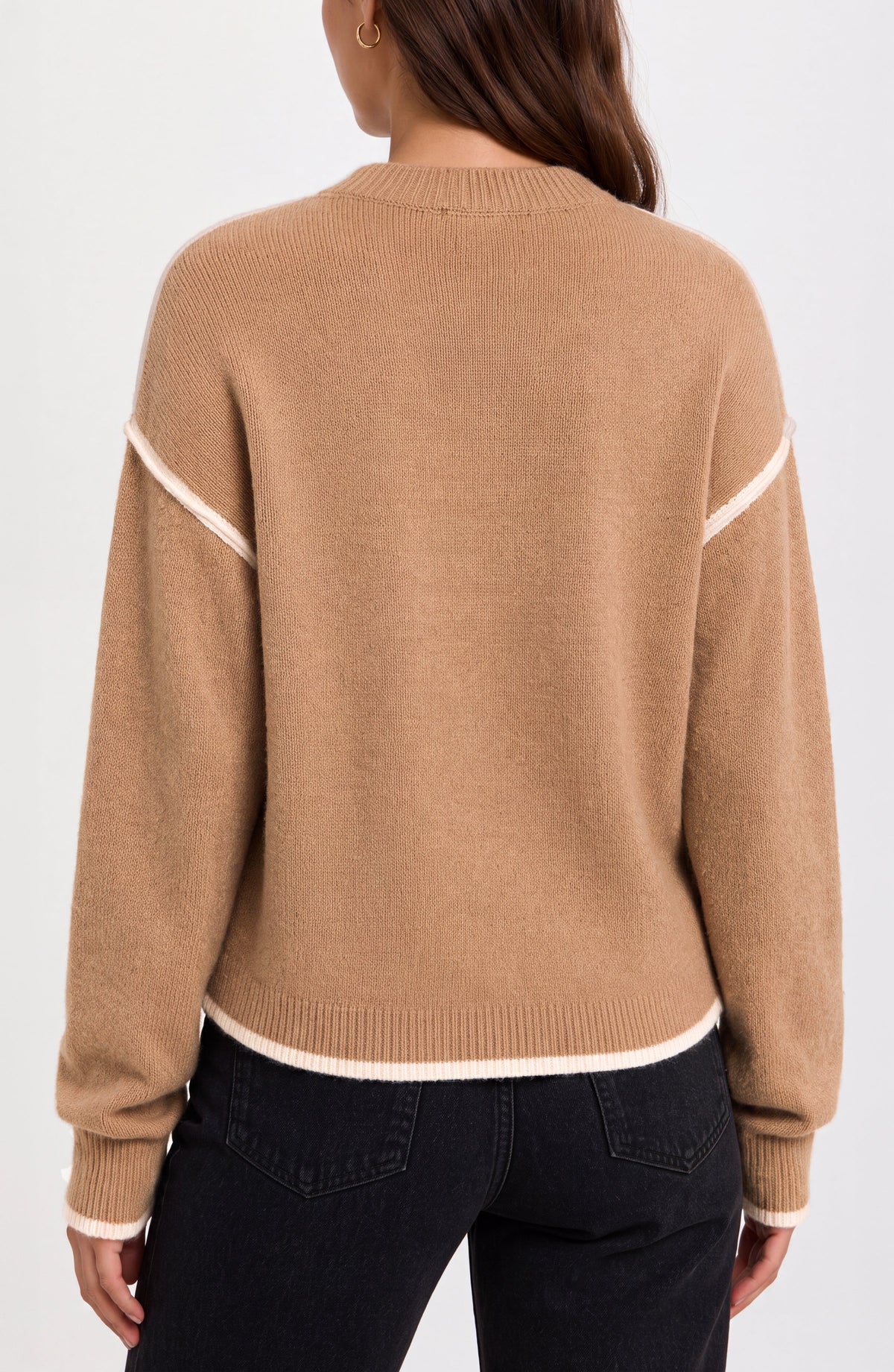 Long Sleeve Sweater with Tulip Hem - Heather Camel/Cream