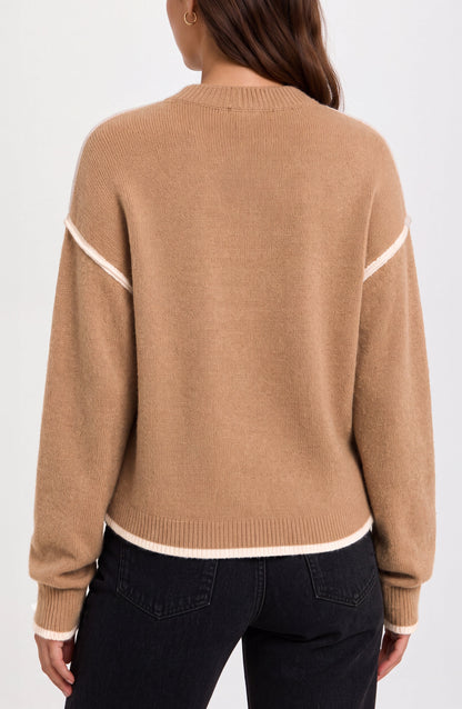 Long Sleeve Sweater with Tulip Hem - Heather Camel/Cream