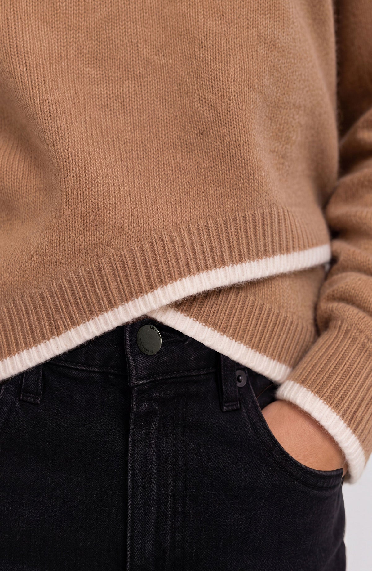 Long Sleeve Sweater with Tulip Hem - Heather Camel/Cream