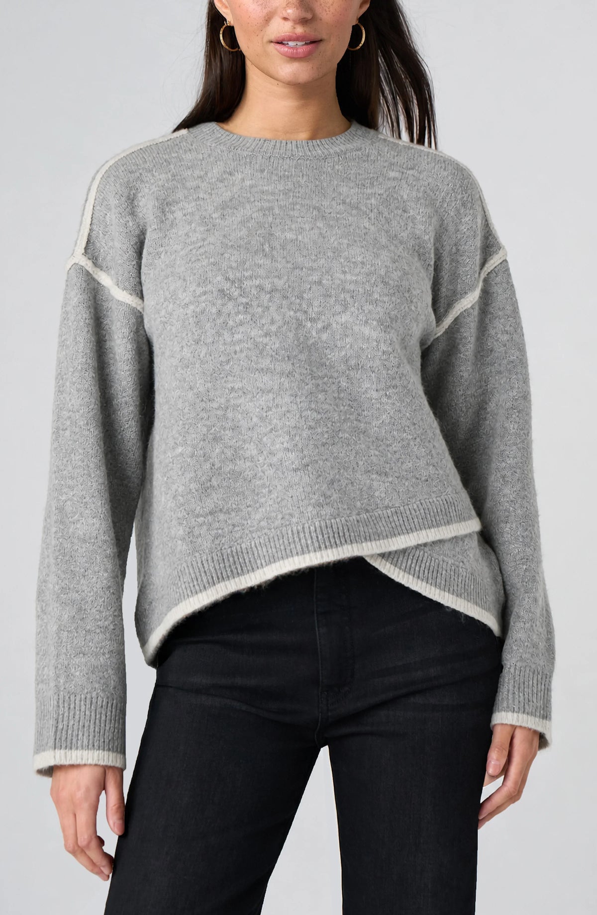 Long Sleeve Sweater with Tulip Hem - Light Heather Grey/Cream