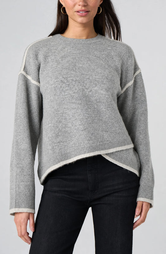 Long Sleeve Sweater with Tulip Hem - Light Heather Grey/Cream