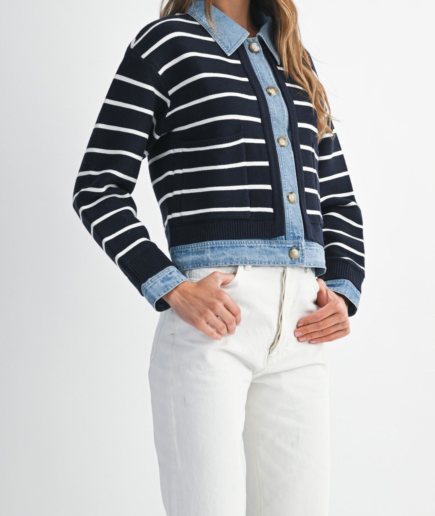 Stripe Knit and Denim Cardigan MJK6388