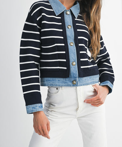 Stripe Knit and Denim Cardigan MJK6388