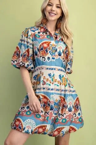 Printed Bubble Hem Shirt Dress TG1712