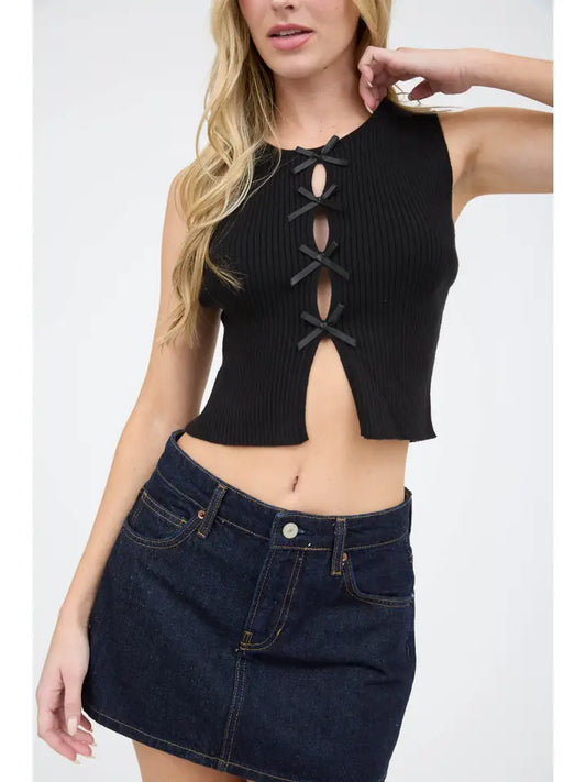 Cutout Bow Detail Ribbed Sweater Top TWS1094