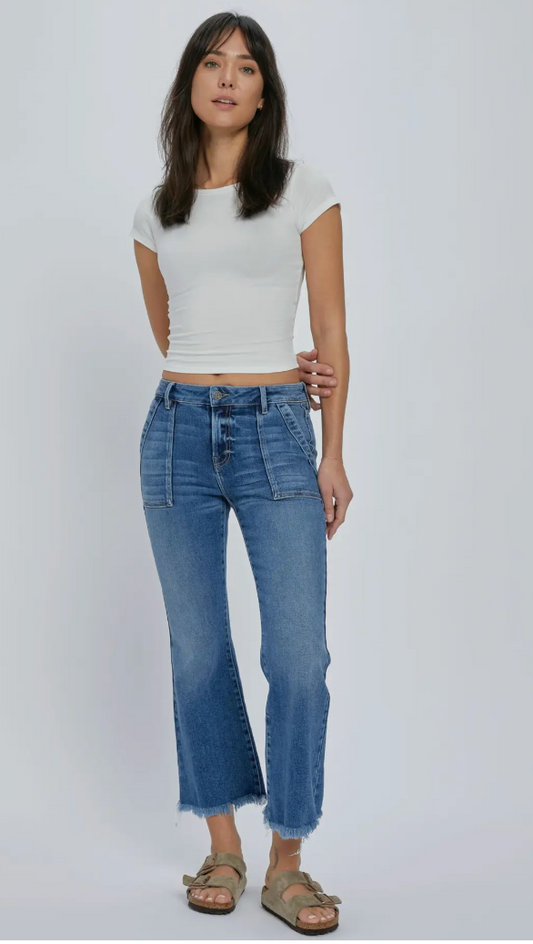 Medium Wash Frayed Hem Cargo Crop Flare HD3194C-MD