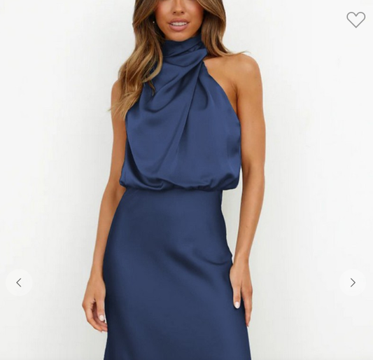 Solid Color Satin Halter Sleeveless Dress CWDMD1302