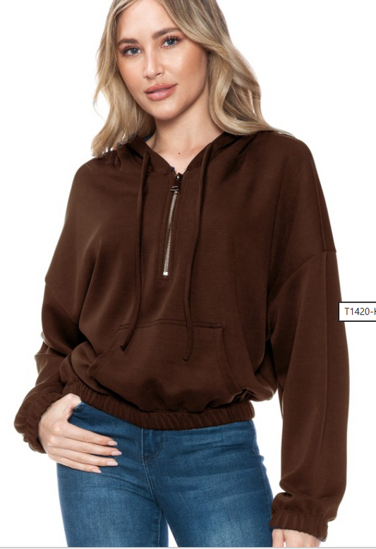 Cropped Hoodie With Zipper In Scuba T1420-K490