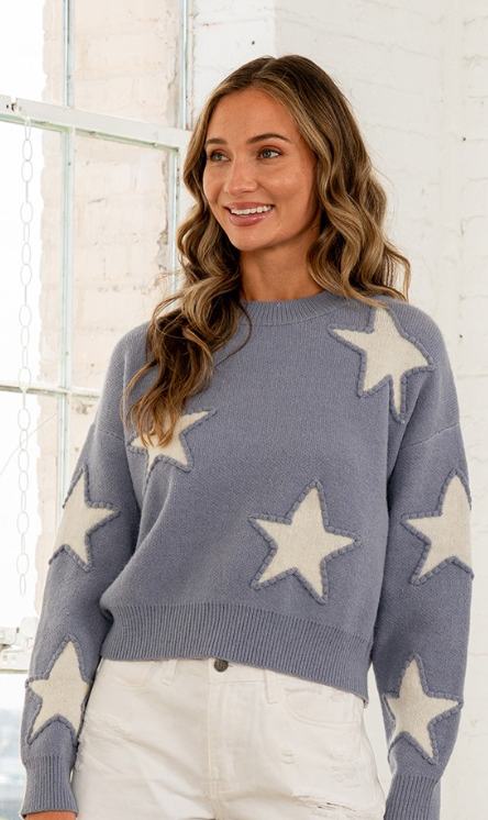 Crew Neck Pullover Sweater With Bold Star ET6889