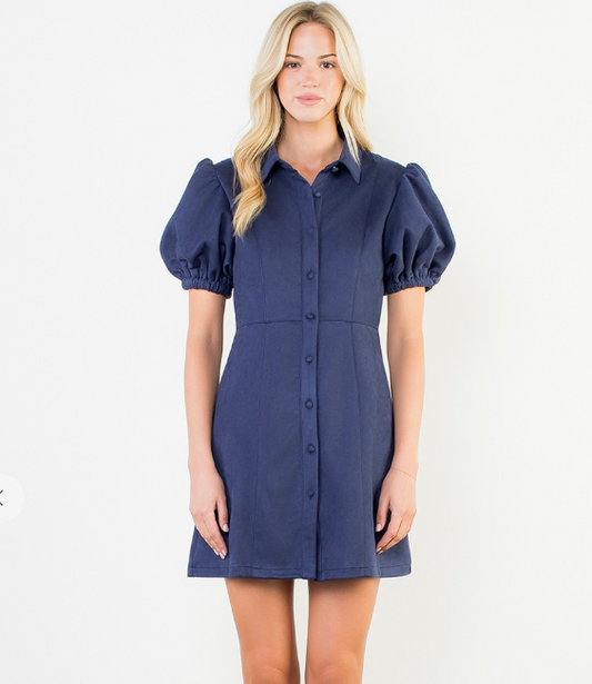 Puff Sleeve Button Up Suede Dress THB1057