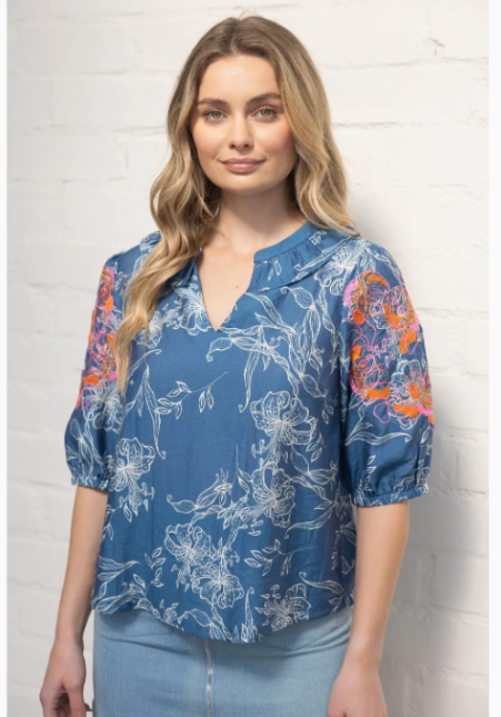 Ruffled V-Neck Embroidered Puff Sleeve Printed Top 36366