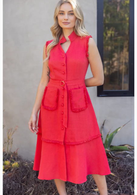 Sleeveless Button Down Fringe Detail Midi Dress 35955