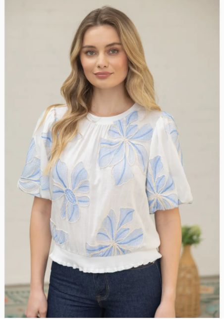 Contrast Band Detailed Floral Embroidery Top 36711