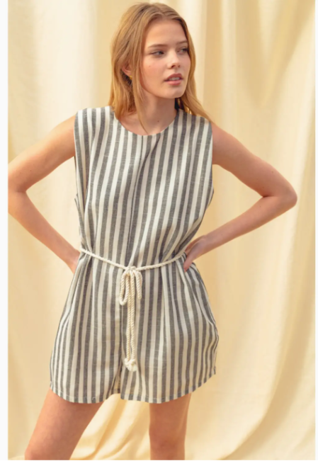 Striped Pattern Sleeveless Romper With Belt  R5103