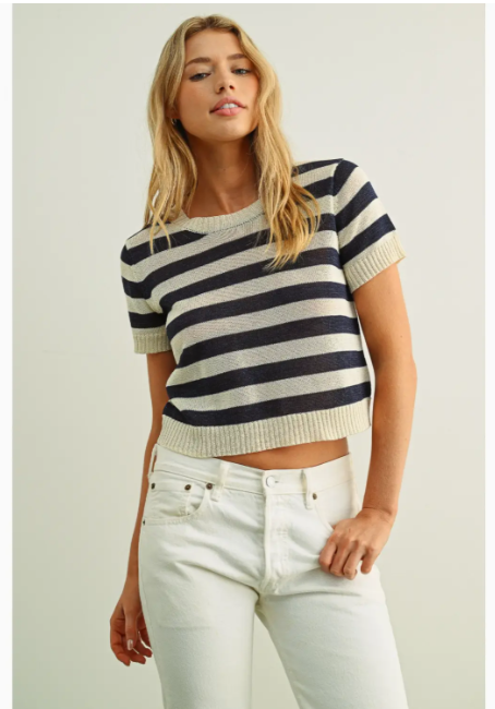 Striped Knitted Short Sleeve Top  T6345