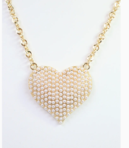 Cocos Pearl Pave Heart Necklace Gold