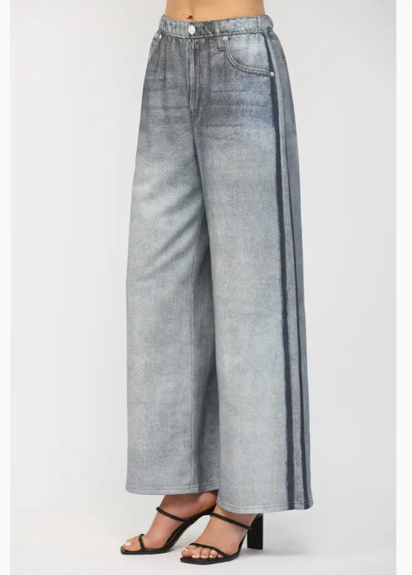 French Terry Pants Denim-Like Print Side Stripe FP65099
