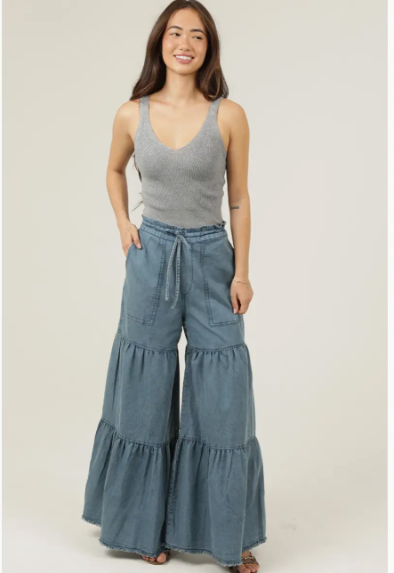 H3415-DCS08 Denim Tiered Wide Leg Elastic Waist Pants