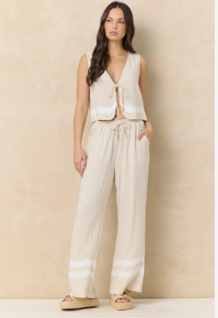 Oat Linen Blend Wide Pant With Contrast Stripe B14160-OAT