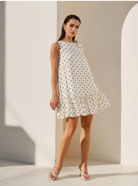 AD3039 Polka Dot Bow Shoulder Ruffle Mini Dress.