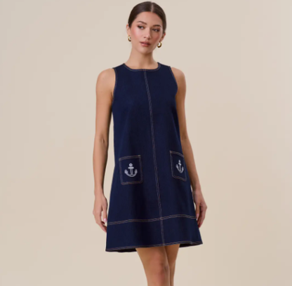 AD3185 Embroidered Stretch Denim Mini Shift Dress