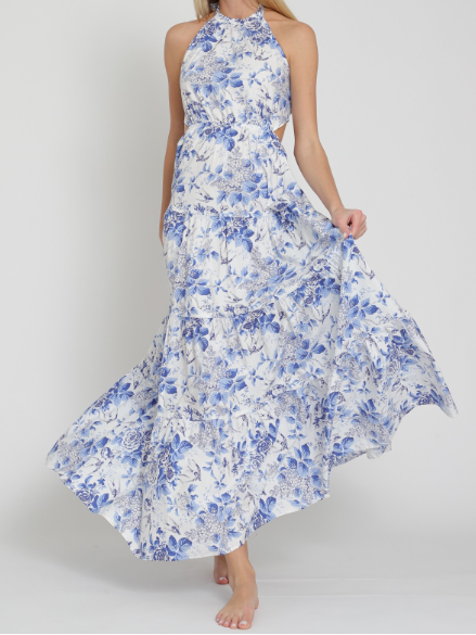Halter Tie Back Chest Tiered Maxi Dress  DA30564H