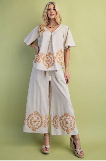 Embroidered Linen Relaxed Fit Pants  TE1267.