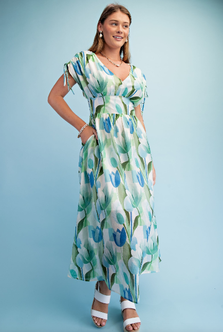 Tulip Print V-neck Maxi Dress  TE2051