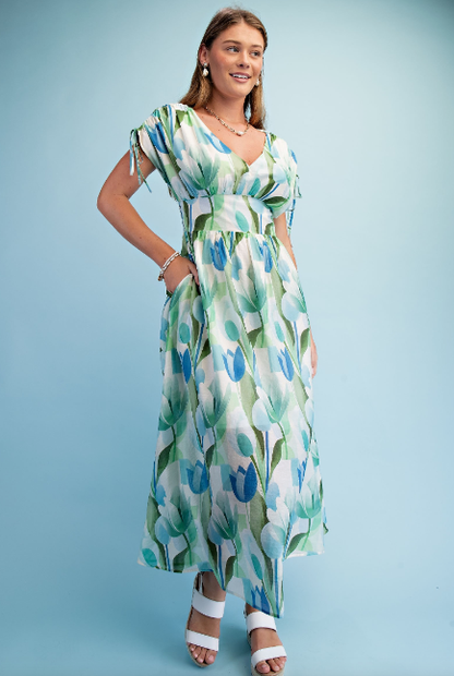 Tulip Print V-neck Maxi Dress  TE2051
