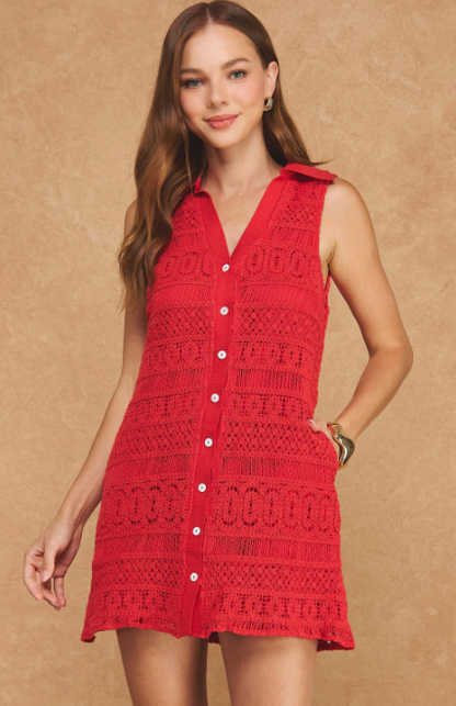 Crochet Lace Button Down  Mini Dress  SSB-D-11177-H