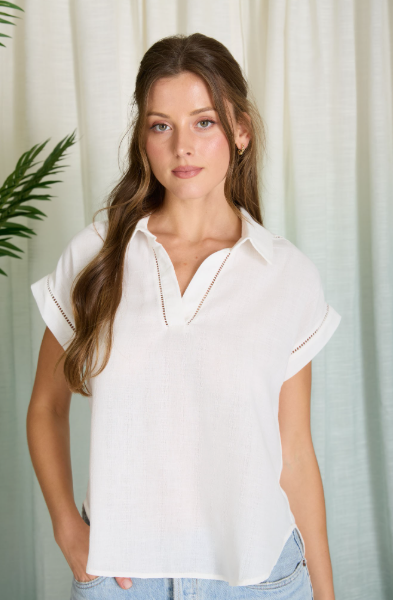 Collared V Neck Short Sleeve Line Lace Detail Top  CR2914