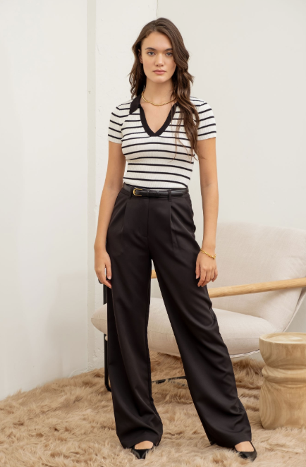 Stripe Collared Short Sleeve Sweater Knit Top  TW1198