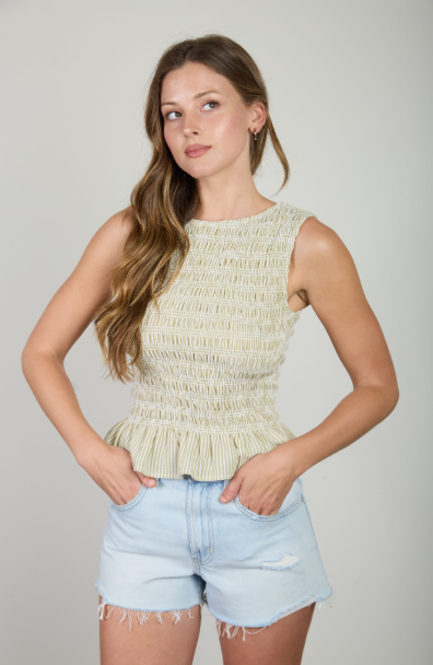 Stripe Sleeveless Smocked Blouse  CR2997