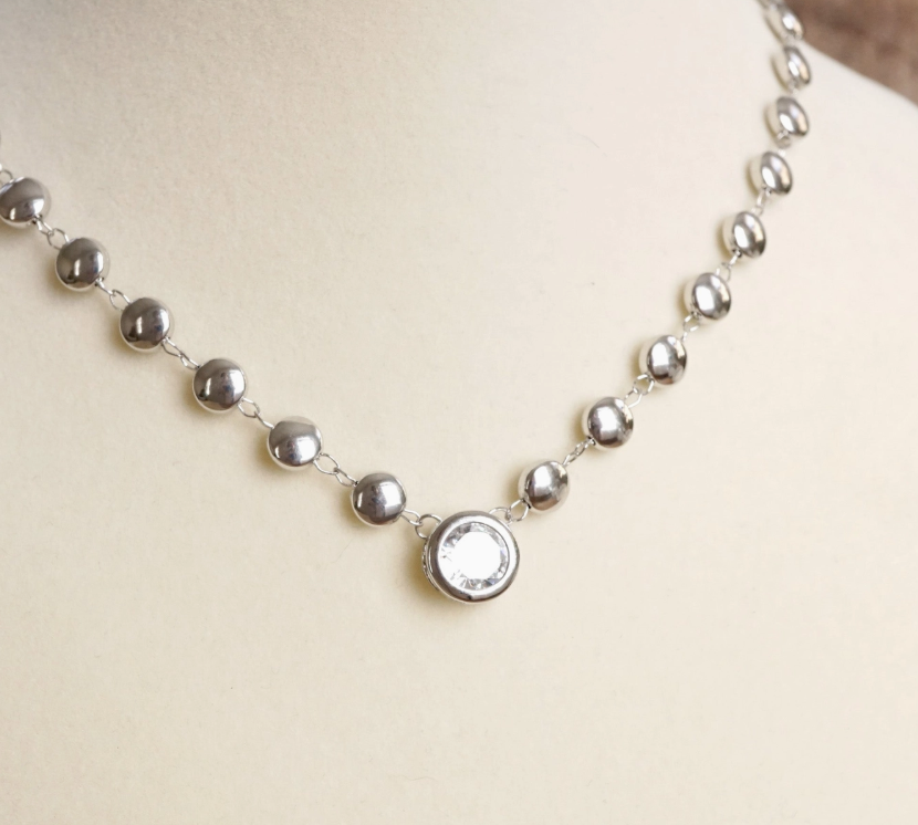 Clear Crystal Bezel Pendant Dot Chain Neckline Necklace