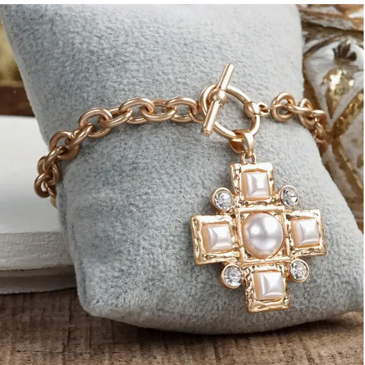Divine Gleam – Hammered Cross Toggle Bracelet with Pearls & Crystals